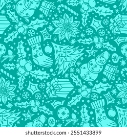Navidades dibujadas a mano Elementos azules, doodle. Patrón floral sin fisuras-496.
