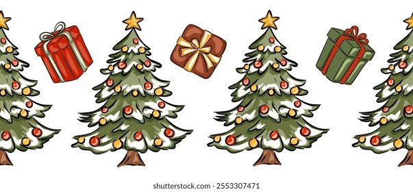 Hand drawn Christmas border featuring festive trees and colorful gifts for holiday ribbons decor vector illustration