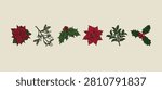 Hand drawn christmas botanical border with poinsettia, mistletoe and holly. Cozy winter foliage sketches for festive holiday invitations. Vector graphic divider for seasonal print and branding.