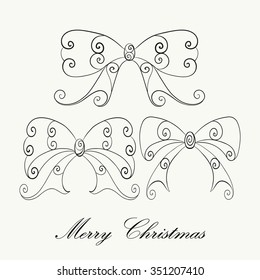 Hand drawn Christmas bows set for adult anti stress Coloring Page. Isolated on white background. Vector monochrome sketch. Eps 8.