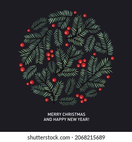 Hand drawn Christmas branches on black background