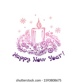 Hand drawn Christmas candle and fir-tree sprigs with handwritten text isolated on white background. Inscription - Happy New Year