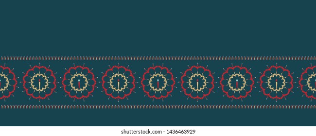 Hand drawn Christmas candle wreath border pattern. Stylized snowflake circle background. Winter holiday red green banner ribbon. Festive gift wrap washi tape illustration. Seamless folk art vector 