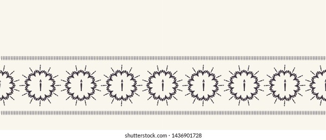 Hand drawn Christmas candle wreath border pattern. Stylized snowflake circle background. Winter holiday black white banner ribbon. Festive gift wrap washi tape illustration. Seamless folk art vector