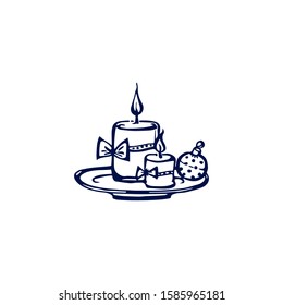 Hand drawn Christmas candles with bows and tree decoration isolated on white background. Vector illustration