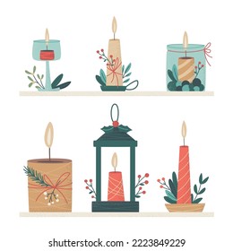 Hand drawn Christmas candles in retro style. Pillar, jar candle, container candle, lantern. Set of burning decorative Хmas candles for interior decoration. Isolated vector illustration.