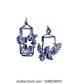 Hand drawn Christmas candles with star, pinecones and pine sprig isolated on white background. Vector illustration