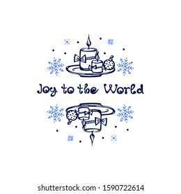 Hand drawn Christmas candles and tree decoration with handwritten text isolated on white background. Inscription - Joy to the World