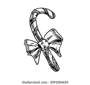 
Hand drawn christmas candy Illustration. Candy cane christmas candy vector illustration. Detailed retro style images. Black engraving of traditional holiday sweet stick. Isolated on white background