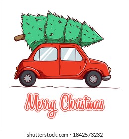 hand drawn christmas car with pine tree