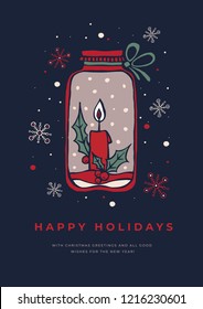 Hand drawn Christmas card with a candlestick and snowflakes on a dark background. Decorative holiday composition for the New Year and Christmas. Festive seasonal vector illustration.