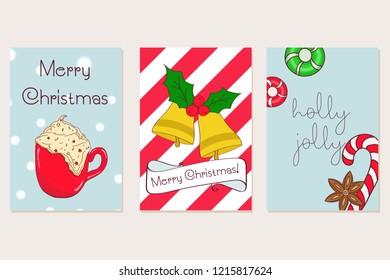 Hand drawn Christmas card collection. Merry Christmas and New Year typography. Cute holidays greeting card, invitation, poster and templates. Vector illustration.