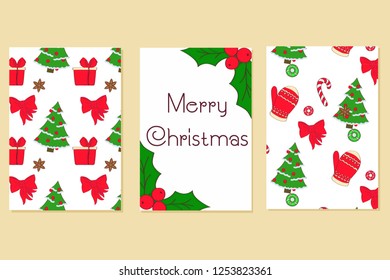 Hand drawn Christmas card collection. Merry Christmas and New Year typography. Cute holidays greeting card, invitation, poster and templates. Vector illustration