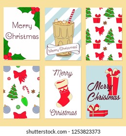 Hand drawn Christmas card collection. Merry Christmas and New Year typography. Cute holidays greeting card, invitation, poster and templates. Vector illustration