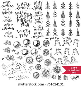 Hand drawn Christmas card creation set. Decorative elements for winter greetings, gift tags with lettering, christmas trees, ornamental sun, moon, snow, deer in ink black.