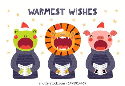 Hand drawn Christmas card with cute frog, pig, lion singing carols, with quote Warmest wishes. Vector illustration. Isolated objects on white. Scandinavian style flat design. Concept for kids print.