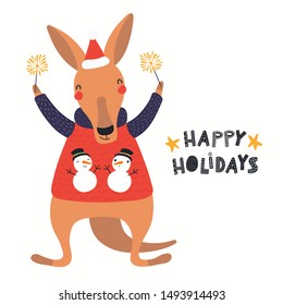 Hand drawn Christmas card with cute kangaroo in Santa hat, with sparklers, quote Happy holidays. Vector illustration. Isolated objects on white. Scandinavian style flat design. Concept for kids print.