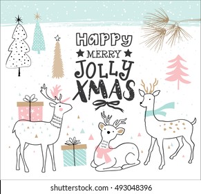 Hand drawn christmas card with cute little deers