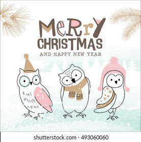 Hand drawn Christmas card with cute little owls