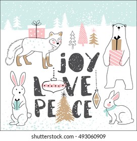 Hand drawn Christmas card with cute cartoon animals