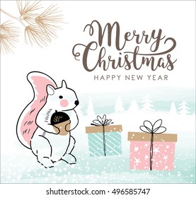 Hand Drawn Christmas Card With Cute Little Squirrel