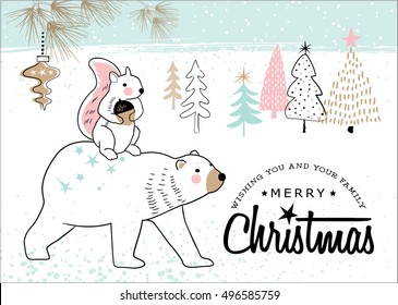 Hand Drawn Christmas Card With Cute Little Squirrel And Bear