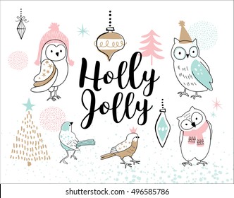 Hand drawn christmas card with cute little owls and birds