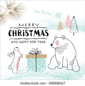 Hand drawn Christmas card with cute little rabbit and bear