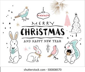 Hand drawn christmas card with cute animals