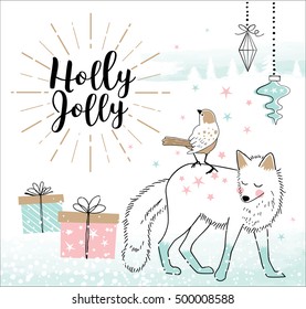 Hand drawn Christmas card with cute little bird and fox