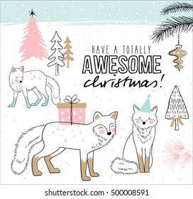 Hand drawn christmas card with cute little foxes