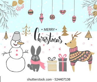 Hand drawn christmas card with cute snowman, rabbit, deer, gifts and other items.