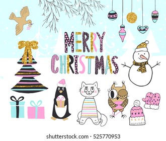 Hand drawn christmas card with cute penguin, cat, owl, snowman, bird, tree, presents and other items.