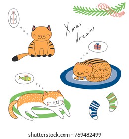 Hand drawn Christmas card with cute funny cartoon sleeping cats, dreaming of fish, milk, gifts, quote. Isolated objects on white background. Vector illustration. Design concept kids, winter holidays.