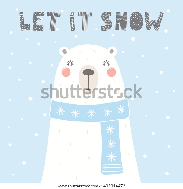手描きのクリスマスカードと可愛いホッキョクグマのマフラー 引用符付き雪 ベクターイラスト 北欧スタイルのフラットデザイン 子ども向けのコンセプトが印刷されます のベクター画像素材 ロイヤリティフリー