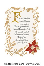 Hand Drawn Christmas Card In Decorative Old Antique Style Of Illuminated Calligraphy, With Bible Verse, Foliage Border And Poinsettia Flower.