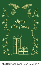 Hand drawn Christmas card. Christmas design with gifts, fir branches , garlands. Minimalistic doodle style poster on green background. Perfect for invitations, postcard, cover, banner. Vector