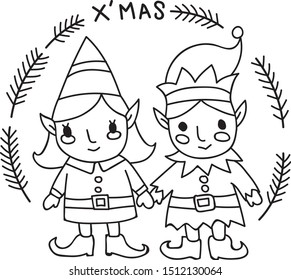 hand drawn of Christmas card with eves boy and gril cartoon style.