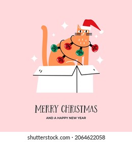 Hand drawn Christmas card with funny cat in Santa Claus hat and colorful light bulbs. Holiday print, banner, gift tag. Vector illustration