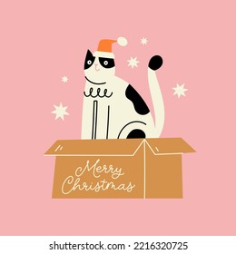 Hand drawn Christmas card with funny cat in Santa Claus hat. Holiday print, banner, gift tag. Vector illustration