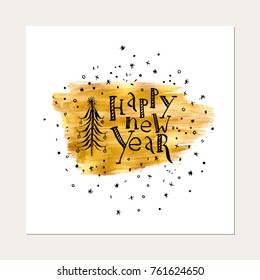 Hand drawn christmas card with lettering, snowflakes on gold background. Winter holidays design.