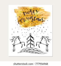 Hand drawn christmas card with lettering, snowflakes, deer, christmas tree, gold foil texture on white background. Merry christmas and happy new year. Winter holidays design.