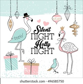 Hand drawn christmas card with lovely couple flamingo