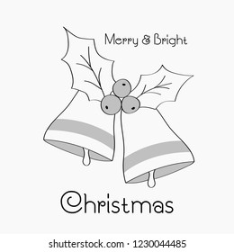 Hand drawn Christmas card. Merry Christmas and New Year typography. Cute holidays greeting card, invitation, poster and templates. Black and white Christmas card. Vector illustration.