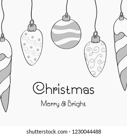 Hand drawn Christmas card. Merry Christmas and New Year typography. Cute holidays greeting card, invitation, poster and templates. Black and white Christmas card. Vector illustration.