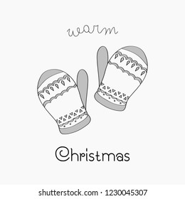 Hand drawn Christmas card. Merry Christmas and New Year typography. Cute holidays greeting card, invitation, poster and templates. Black and white Christmas card. Vector illustration.