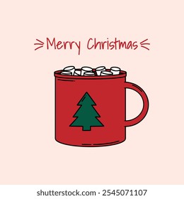 Hand drawn Christmas card with mug of cocoa, marshmallows and inscription Merry Christmas. Holiday print, banner, poster. Vector doodle illustration