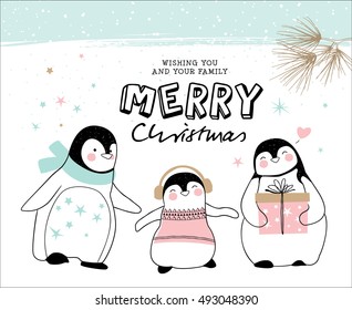 Hand drawn christmas card with penguin family