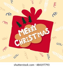 Hand drawn Christmas card with present and text MERRY CHRISTMAS