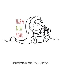 Hand drawn Christmas card with snowman and gift.Cute cartoon snowman in doodle style. Coloring snowman.Vector illustration.